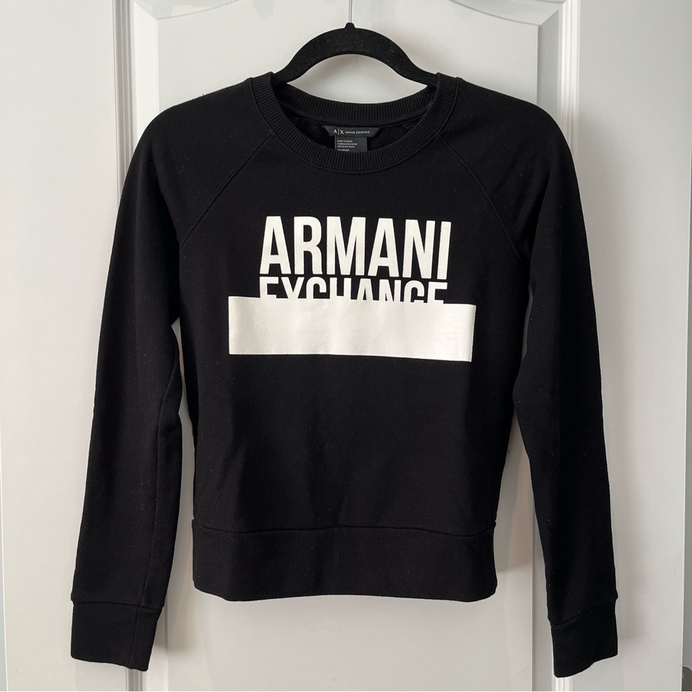 Armani Exchange White Block Graphic Logo Black Crewneck Longsleeve Sweatshirt